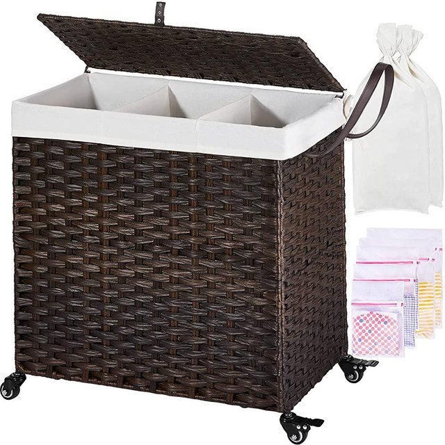 GREENSTELL Laundry Hamper with Wheels&Lid, 125L Large 3 Sections Clothes Hamper with 2 Removable Liner Bags, 5 Mesh Laundry Bags, Handwoven Divided Laundry Basket for Clothes, Toys in Bedroom Brown