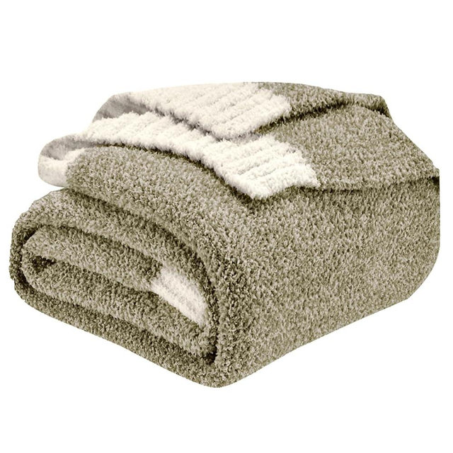 CozeCube Super Soft Fullfy Microfiber Reversible Knitted Blankets, Warm Cozy Fuzzy Plush Throw, Olive Green and White Melange Throw Blanket for Couch Bed Sofa, 60" x 80"