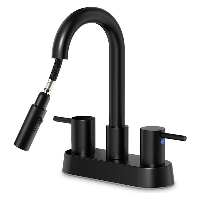 NOHALIPY Stainless Steel Matte Black Bathroom Faucet with Pull Out Sprayer, Black Dual-Function Spout Bathroom Sink Faucet, 4 Inch Two Handle Utility Sink Faucet with Sprayer 3 Hole, Pet Shower, RVs