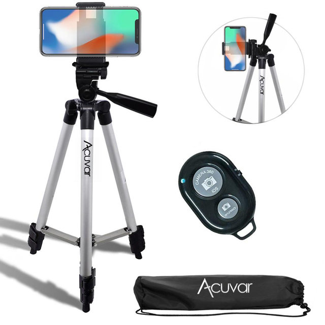 Acuvar 50" Inch Aluminum Camera Tripod with Universal Smartphone Mount + Bluetooth Wireless Remote Control Camera Shutter For all iPhone, Samsung and Most Smartphones