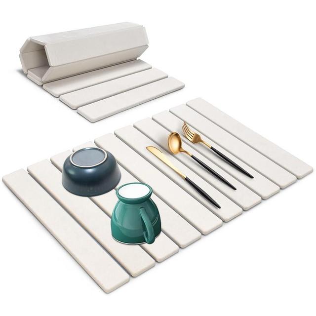 Stone Dish Drying Mats for Kitchen Counter, 24"(L)×16"(W), Large Quick Drying Collapsible Dish Drying Mats, Eco-Friendly Non-Slip Space-Saving Absorbent Diatomaceous Earth Mats for Dishes Cups Bottles