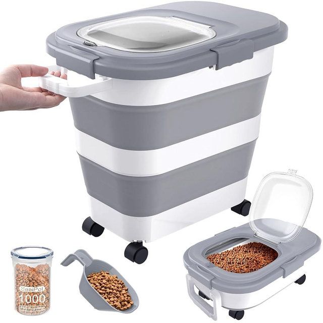 DDMOMMY 23-25 Lbs Airtight Dog Food Storage Container,Collapsible Dog Food Container with Lid,Wheels,Handle,Large Pet food storage Container with Scoop,Small Food Container for Dog Cat