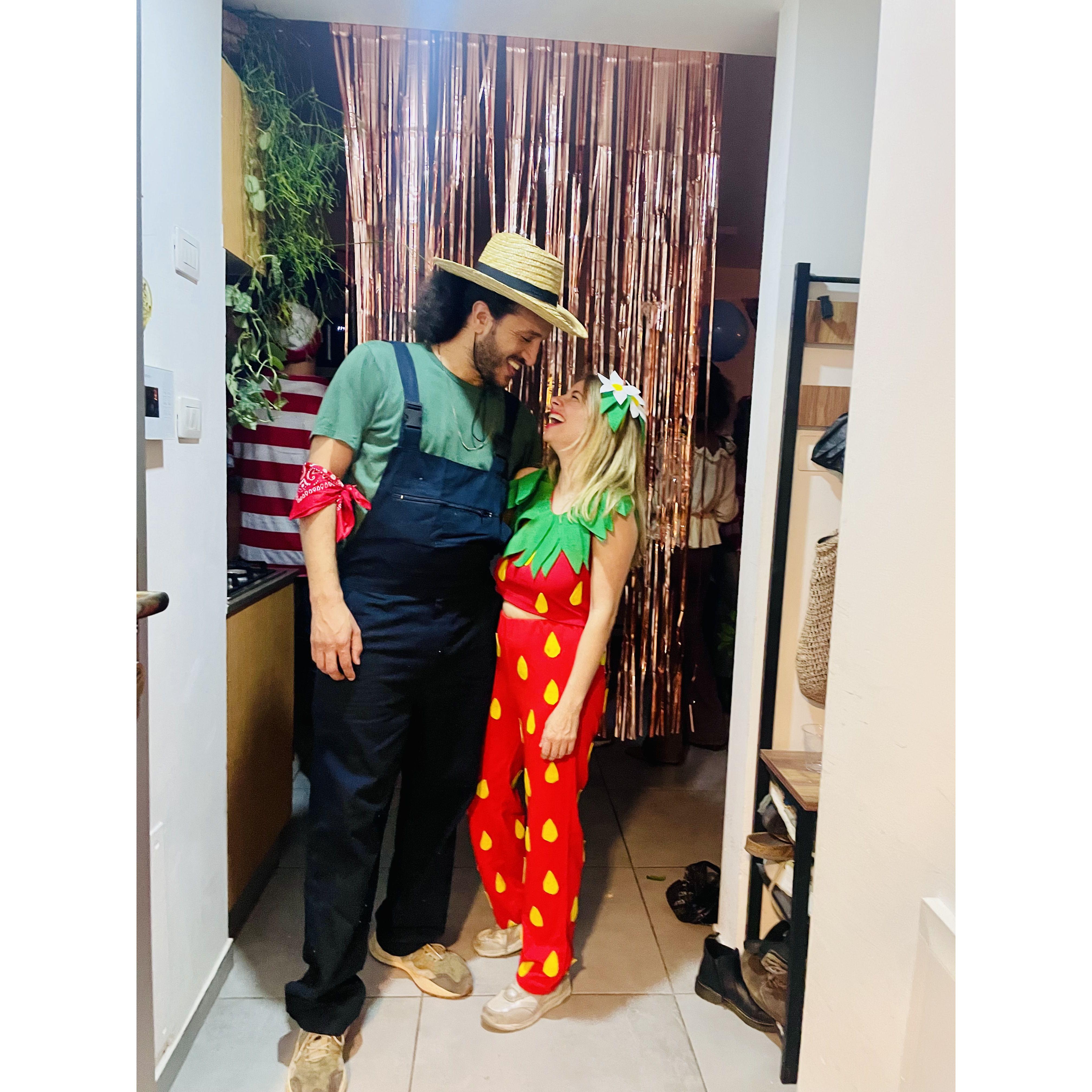 Our second Purim (Jewish Halloween) together. Sarah made the strawberry costume by hand! She had a vision and I went with it.