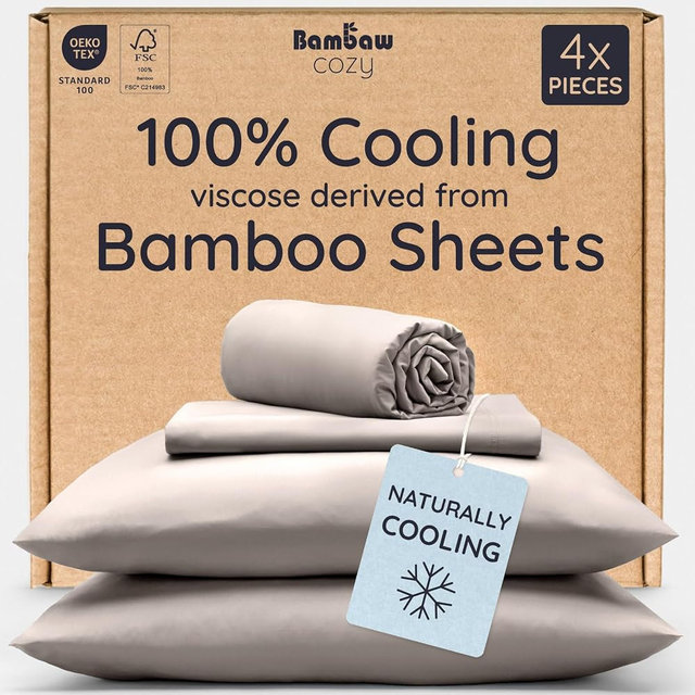 Bambaw 100% Viscose Derived from Bamboo Sheets Full Size Set – 4pcs Cooling Sheets Full Size, Perfect for Hot Sleepers, Luxury & Buttery Soft Sheet Set, with Elastic Corner Straps (Sand)