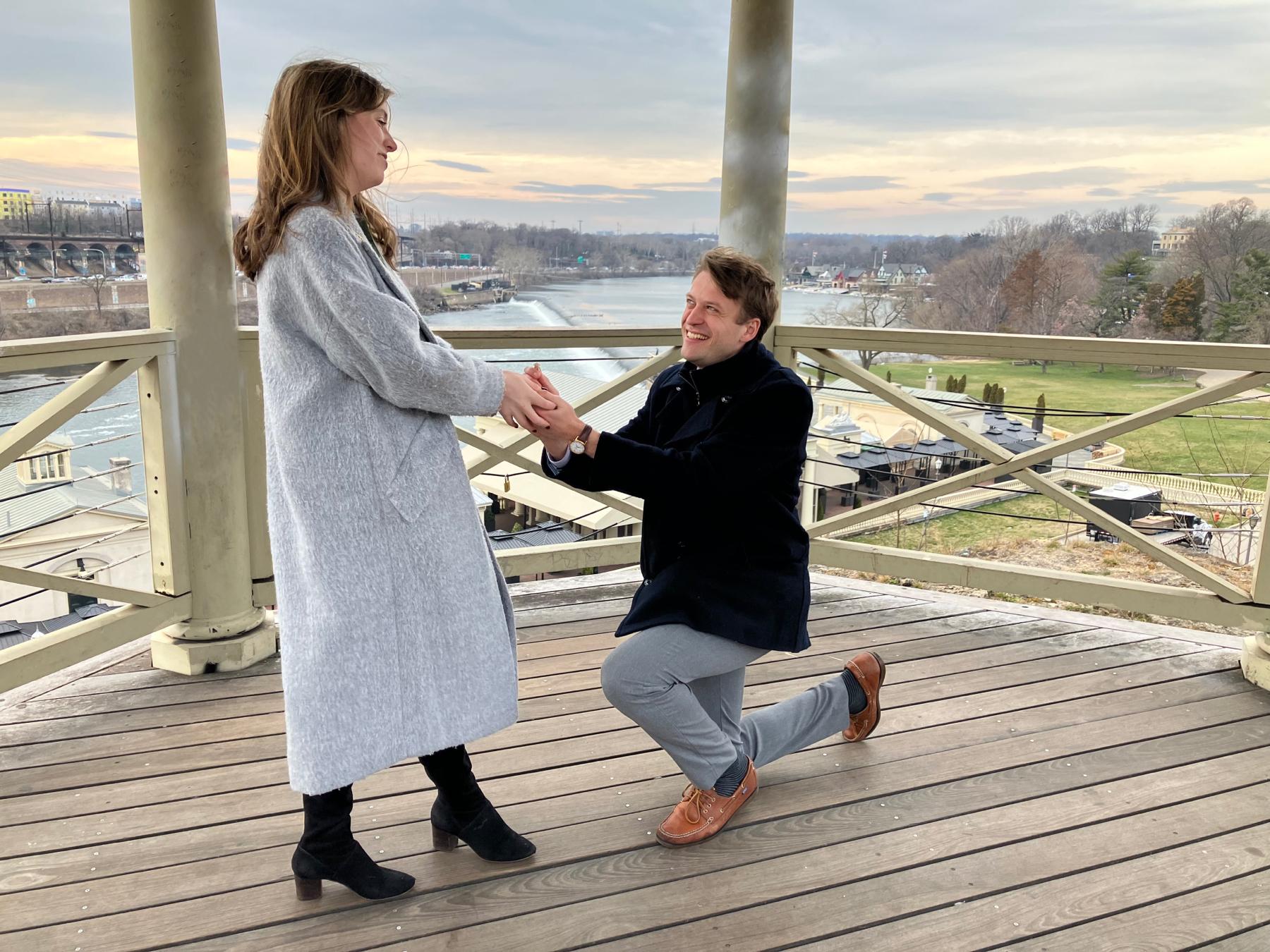 Luke proposing at the Philadelphia Museum of Art — the site of our first date ❤️