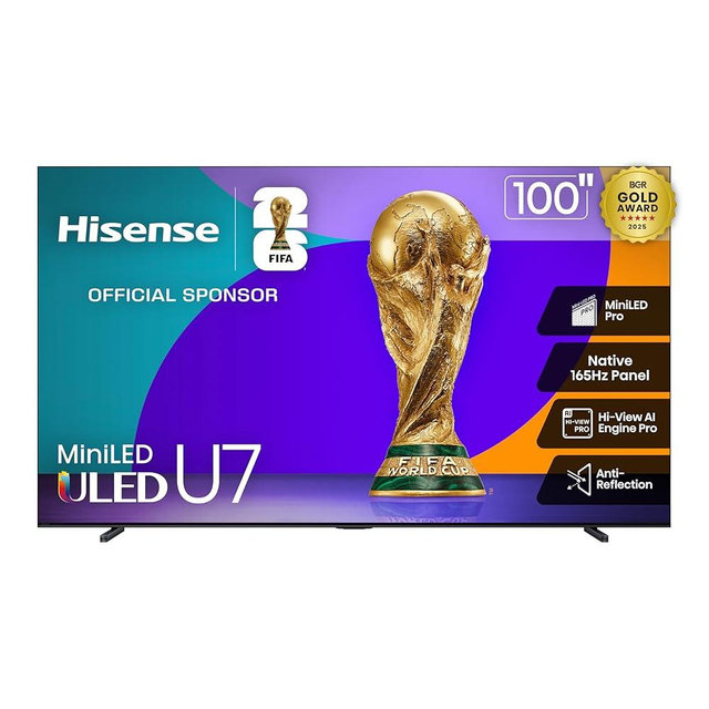 Hisense 100" U7 Mini-LED ULED 4K UHD Best Premium Gaming Google Smart TV (100U75QG, 2025 Model) - QLED, Native 165Hz, VRR 288, Up to 3000 Nits, HDR10+, Dolby Vision IQ · Atmos, IMAX Enhanced, 2.1.2 Ch