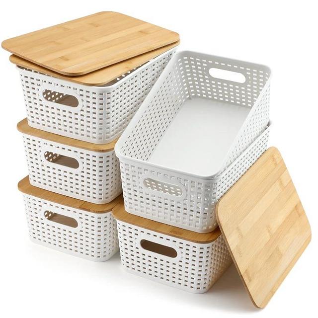 EOENVIVS Storage Bins With Bamboo Lid Plastic Storage Baskets Lidded Pantry Organization and Storage Containers Organizer for Shelves Drawers Desktop Closet Playroom Classroom Office, 6 Pack