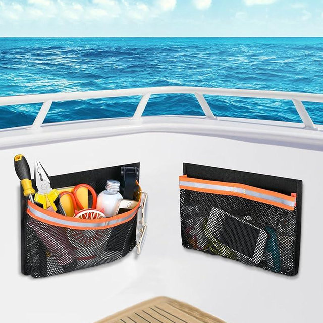 PLOZANO Boat Storage Accessories, Closable PVC Reflective Self-Adhesive Universal Boat Caddy Organizer Mesh Bag for Gloves, Tools, Tackle, Gear