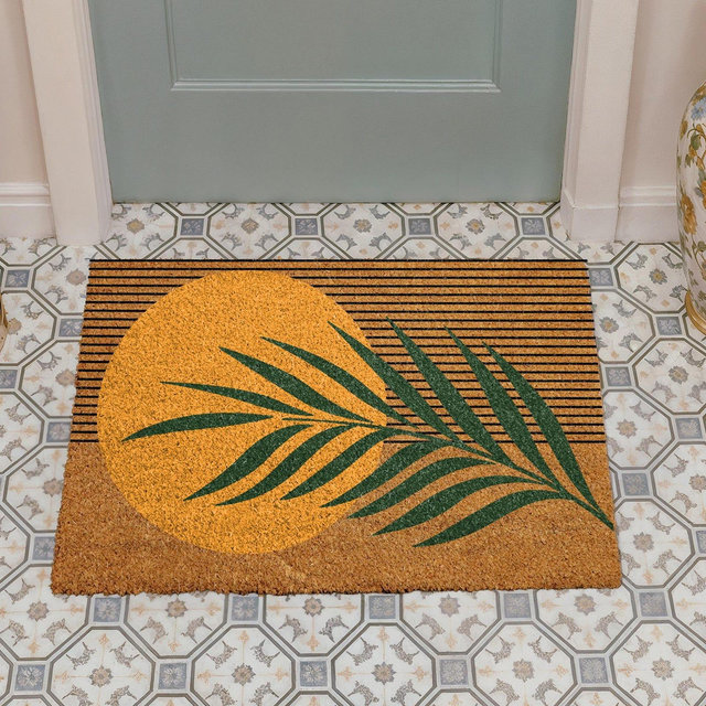 Retro Sun Doormat, Boho Entryway Door Mat, Tropical Coir Mat, Abstract Palm Floor Rug, Modern Coastal Home Decor, Sun And Leaf Welcome Mat