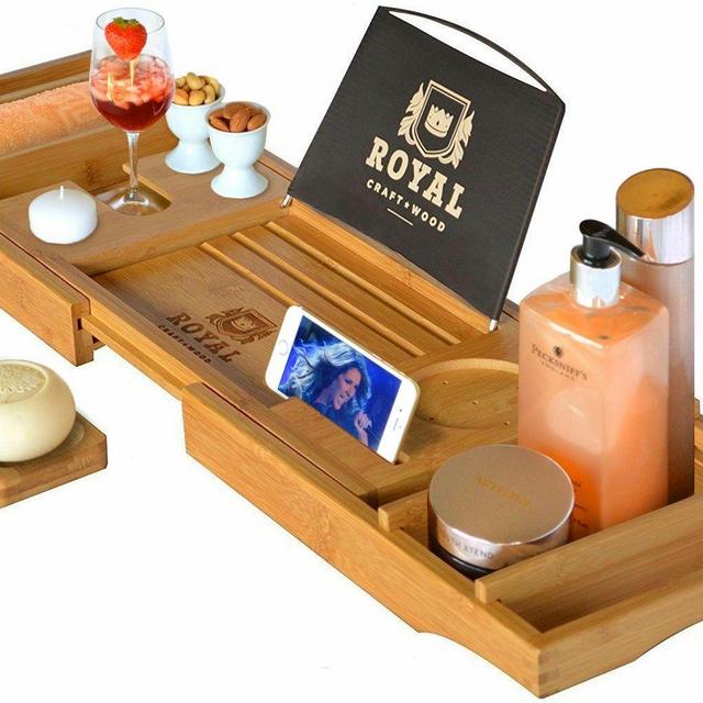 Royal Craft Wood Luxury Bathtub Caddy Tray, One or Two Person Bath and Bed Tray, Bonus Free Soap Holder (Natural Bamboo Color)