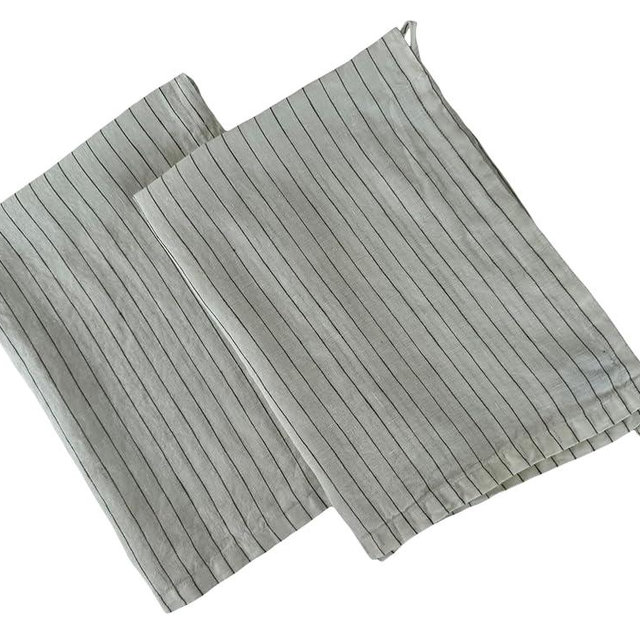 Eight Owls Stonewashed Linen Kitchen Dish Towels - 20 x 27 inch – 100% Pure Linen Tea Towel/Hand Towel - Set of 2 (Olive Pinstripe)