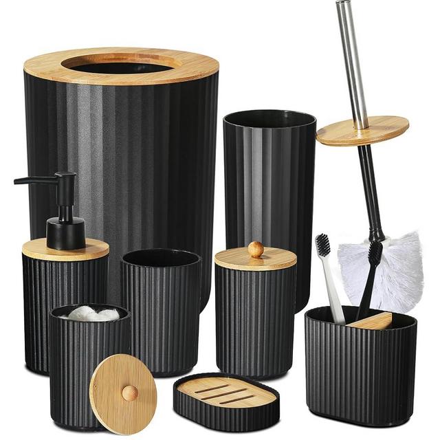 ALPIRIRAL Black Bathroom Accessories Set, 8 Pcs Bathroom Accessory Set with Trash Can, Soap Dispenser and Toothbrush Holder Set, Soap Dish, Toilet Brush Holder, Cotton Ball & Qtip Holder, Bathroom set