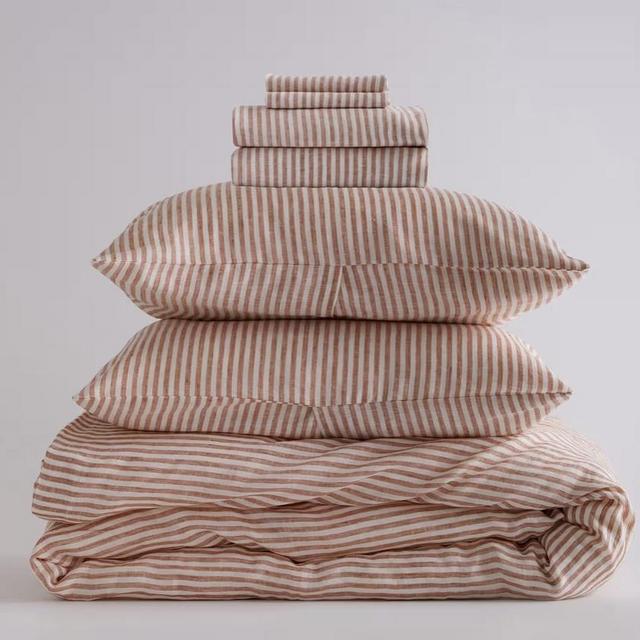 QUEEN BED European Linen Deluxe Bedding Bundle | Color: Terracotta/White Stripe