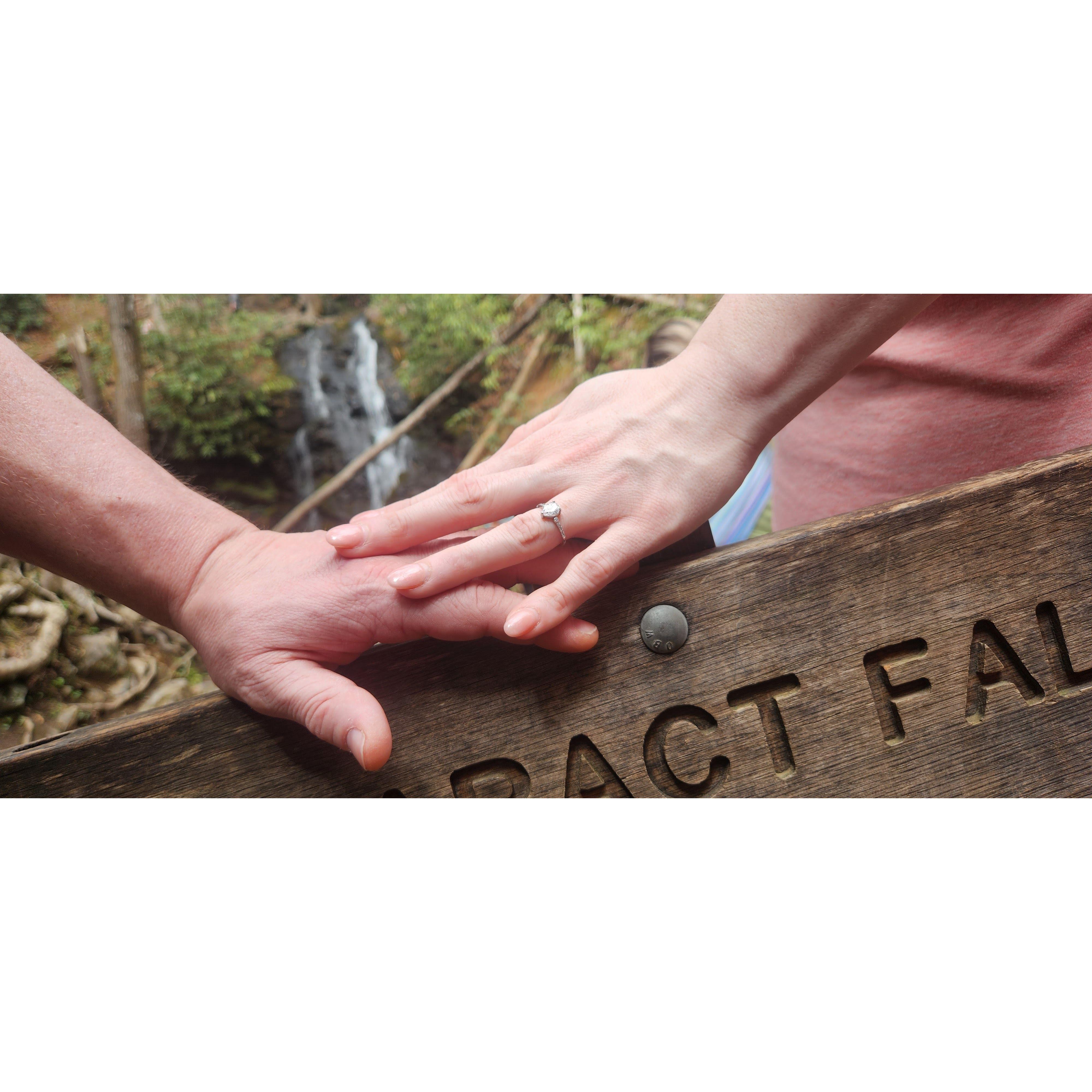 At Cataract Falls showing off my beautiful engagement ring. "photo taken by Meghan"