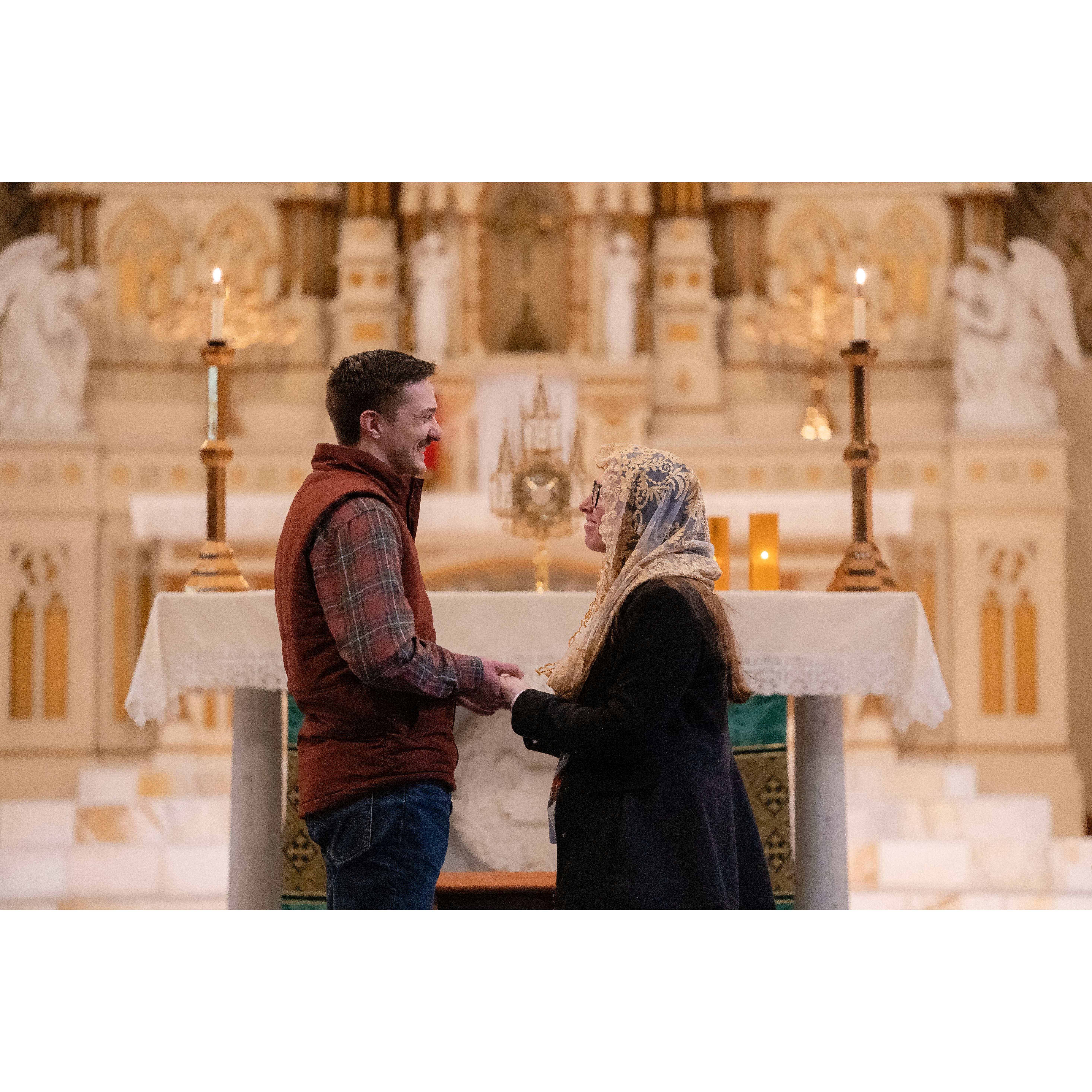 Jarett ensured that our engagement started off right, proposing in Allison's childhood church in front of Jesus in the Blessed Sacrament!