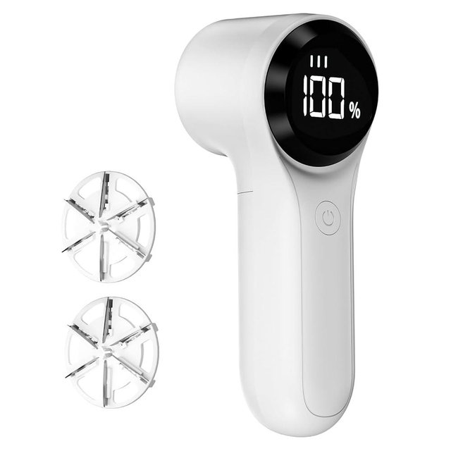 Buywoo Fabric Shaver, Electric Lint Remover, Rechargeable Lint Shaver, Sweater Defuzzer to Remove Pilling, Battery Operated, 6-blade, 3-speed with LED Display for Clothes, Upholstery, Furniture, White