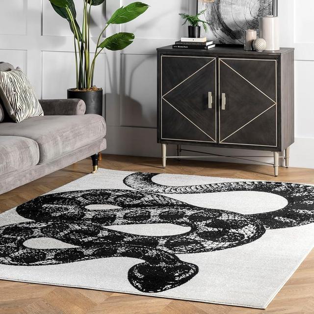 nuLOOM 6 Square Thomas Paul Serpent Area Rug, Black & Off White, Snake Design, Non-Slip Backing, Stain Resistant, for Bedroom, Dining Room, Living Room, Hallway, Office, Kitchen, Entryway