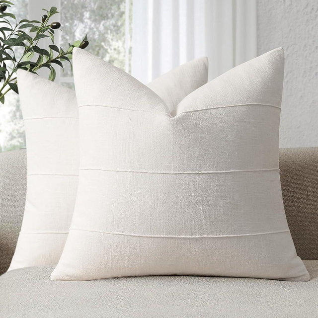 Decorative Linen Throw Pillow Covers 18x18 Set of 2 Solid handcrafted Striped Cushion Covers for Bed Soft Modern Farmhouse Neutral Pillowcase for Couch Bedroom Living Room Home Decor(Cream White)