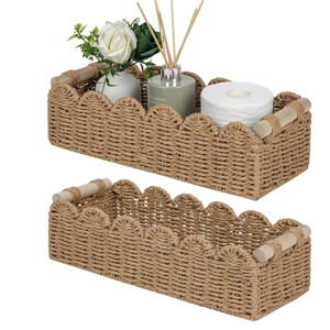 CubesLand Bathroom Basket Organizer, Toilet Tank Paper Storage Baskets 2-Pack, Scalloped Decorative Basket for Countertop w/Handle, Wicker Basket for Bathroom Decor, Home Decor, Living Room, Neutral