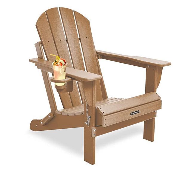 MUCHENGHY Folding Adirondack Chair with Cup Holder HDPE Patio Chairs Weather Resistant Outdoor Chairs for Lawn, Deck, Backyard, Garden, Fire Pit, Campfire Lounger(Teak)