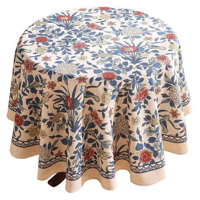 patdrea Designer Blue Tablecloth for Round Tables,Vintage Linen with Leaves and Flowers Pattern Tablecloths,Farmhouse Floral Table Cover Cloth Decor for Kitchen Dining Christmas,Diameter 67"