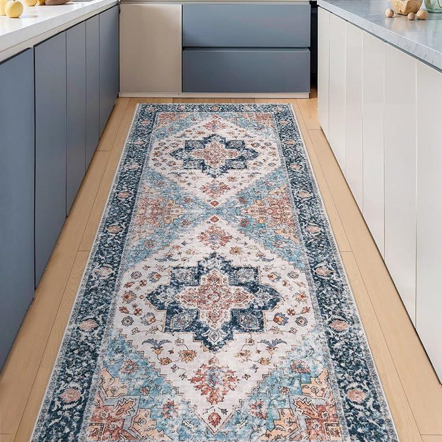 SERISSA Boho Washable Runner Rug, 2x6 Rug Non-Slip Vintage Blue Orange Hallway Kitchen Runner Rug Ultra Soft Print Distressed Tribal Floor Carpet for Bedroom Bathroom Laundry Room