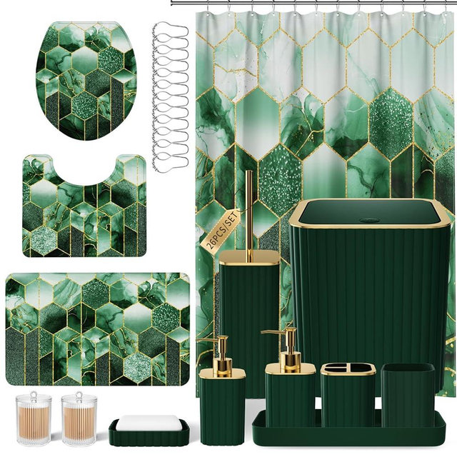 XLHOMO Bathroom Set - 26PC Bathroom Set with Shower Curtain and Rugs, Bathroom Accessory Set, Dark Green Bathroom Accessories Set, Trash Can & Soap Dispenser