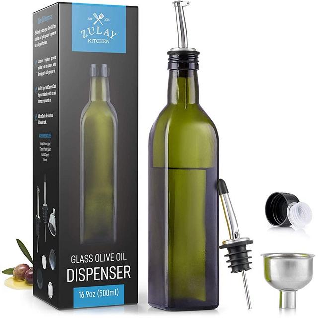 Zulay (17oz) Olive Oil Dispenser Bottle For Kitchen - Glass Olive Oil Bottle With 2 Spouts, 2 Removable Corks, 2 Caps, & 1 Funnel - Oil Bottle For Kitchen & Storing Liquids (Green Bottle)