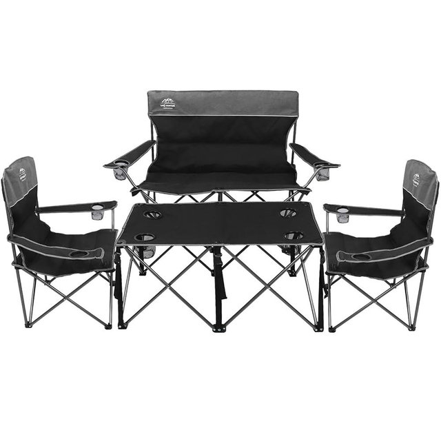 LANMOUNTAIN Oversized 4 Pcs Camping Chair Set with Table,Outdoor Folding Heavy Duty Lawn Chair,Cup Holder,Portable,Loveseat Chair Perfect for Family Hiking,Picnics and Beach Trips,Black