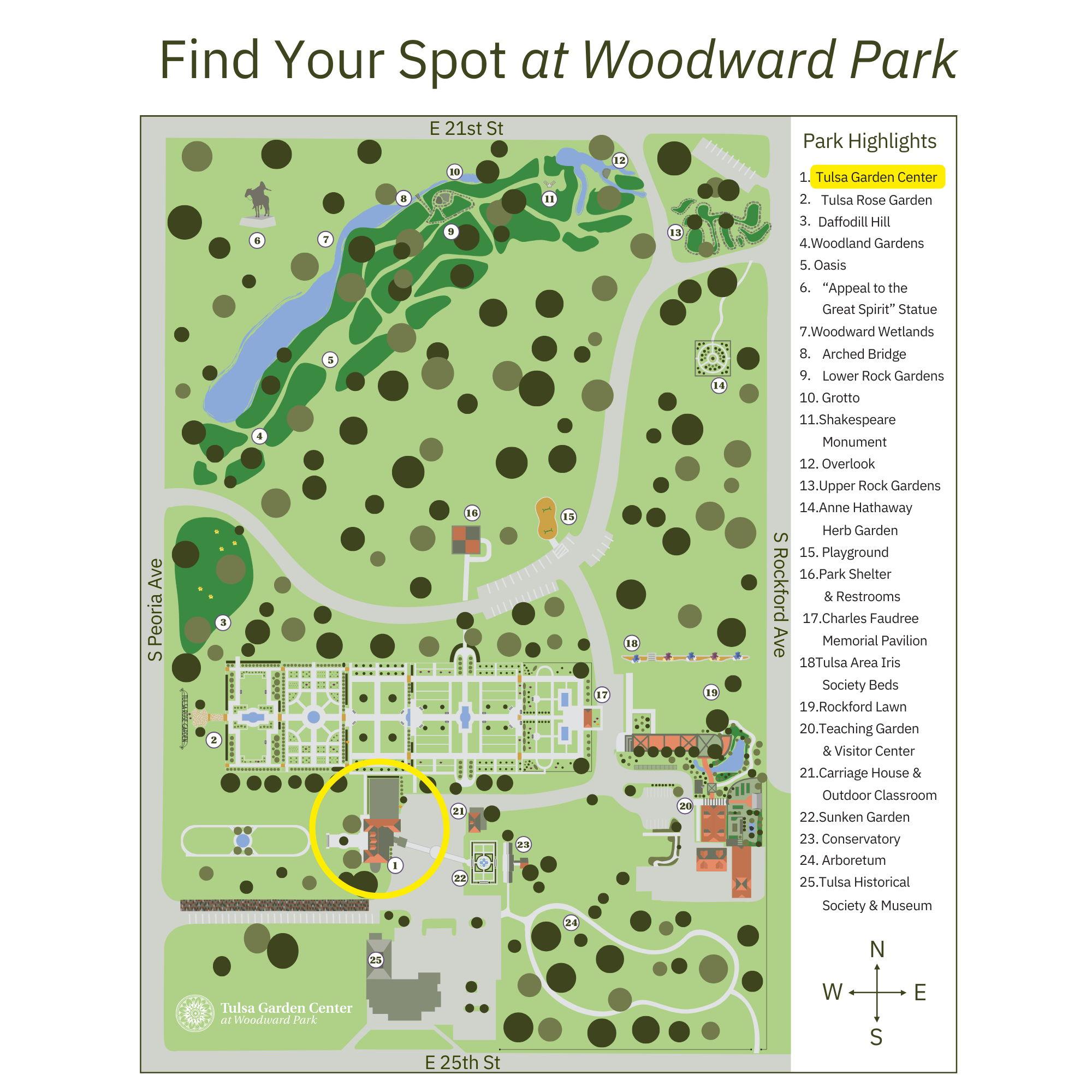 The Tulsa Garden Center/The Mansion is at the back of the park. Turn onto the road through the center parking area and follow it right. Park between the white greenhouse and the Mansion.