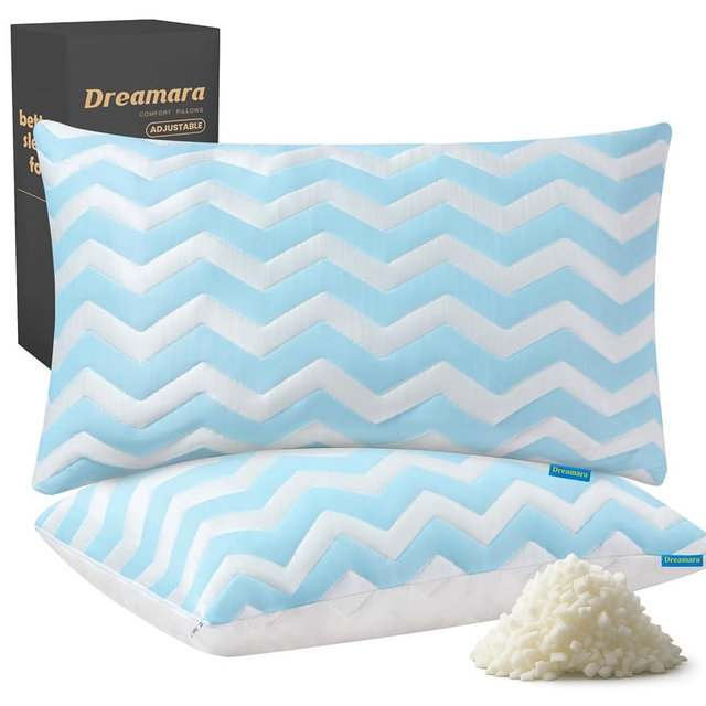 Dreamara Cooling Bed Pillows Standard Size Set of 2 – Adjustable Loft Shredded Memory Foam Pillows for Side, Back & Stomach Sleepers, Supportive & Breathable for Hot Sleepers (Blue)