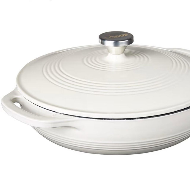 Lodge 3.6 Quart Enameled Cast Iron Round Casserole With Lid– Dual Handles – Oven Safe up to 500° F or on Stovetop - Use to Marinate, Cook, Bake, Refrigerate and Serve – Oyster White