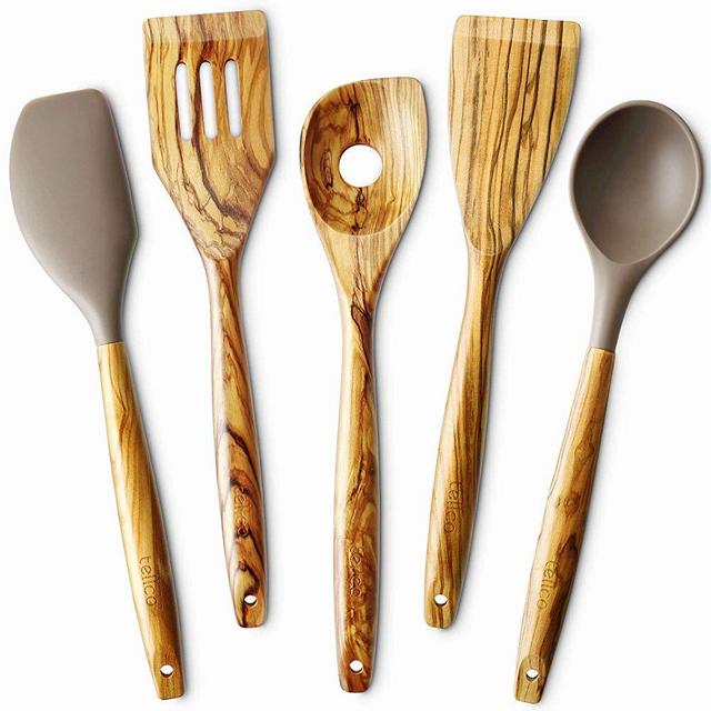 5 Piece Olive Wood Kitchen Cooking Utensils, Slotted Turner, Flat Turner, Corner Spoon, Silicoen Spoon and Spatula