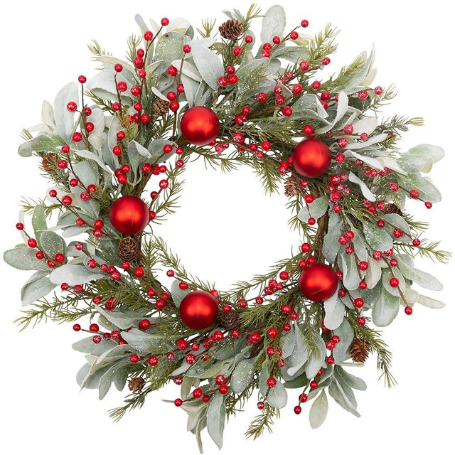 20 Inch Christmas Wreath With Lambs Ear Leaves, Artificial Door Decor With Balls, Red Berry, Winter Decorations for Home, Farmhouse Wall, Festival
