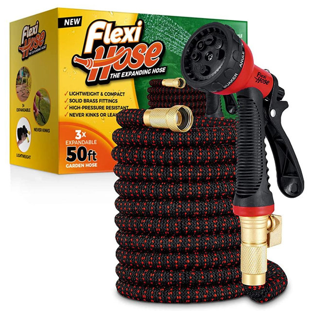 Flexi Hose with 8 Function Nozzle, Lightweight Expandable Garden Hose, No-Kink Flexibility, 3/4 Inch Solid Brass Fittings and Double Latex Core