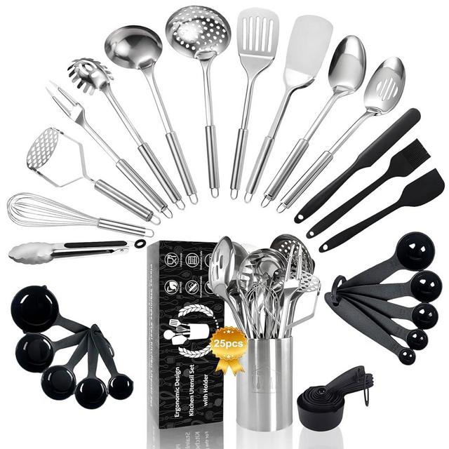 25Pcs Cooking Utensils Set, Stainless Steel Kitchen Utensils Set with Holder, Heat Resistant Metal Spatula Set Utensils Set for Cooking with Turners, Potato Masher, Skimmer, Spoons, Tongs, Whisk