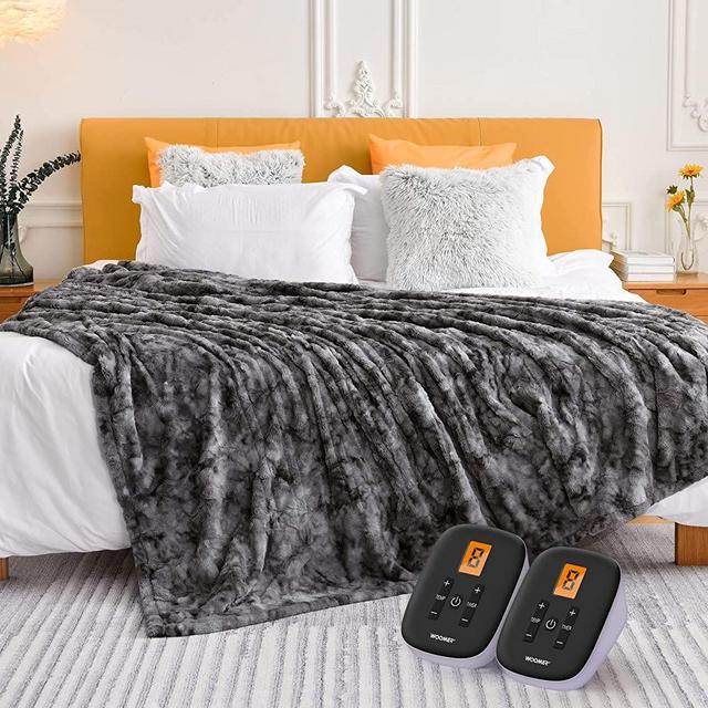 WOOMER [5 Year Warranty] Heated Blanket King Size Electric Blanket 90"x 100", Faux Fur Fast Heating, 10 Heating Levels & 0.5-12H Auto Off, Dual Control, Over-Heat Protection, ETL Certification