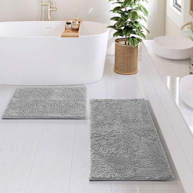 Hearth & Harbor Bathroom Rugs Sets 2 Piece, Chenille Bath Mat Set - Machine Washable Bath Mats for Bathroom Non-Slip Backing Rubber Quick Dry Bathroom Mat - Silver Bath Rug, 17x24-20x32