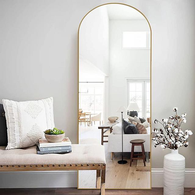 NeuType Arched Full Length Mirror 64" x 21" Large Arched Mirror Floor Mirror with Stand Large Bedroom Mirror Arched Shape Wall Mounted Mirror Hanging or Leaning Against Wall Gold