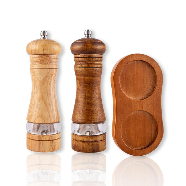 ZOMNACO 2 Pack Wooden Salt and Pepper Grinder Set - 6.7" Salt and Pepper Grinder set Wood Manual Mills with Acrylic Window & Adjustable Ceramic Grinder, Refillable Grinding Bottle with Wooden Tray