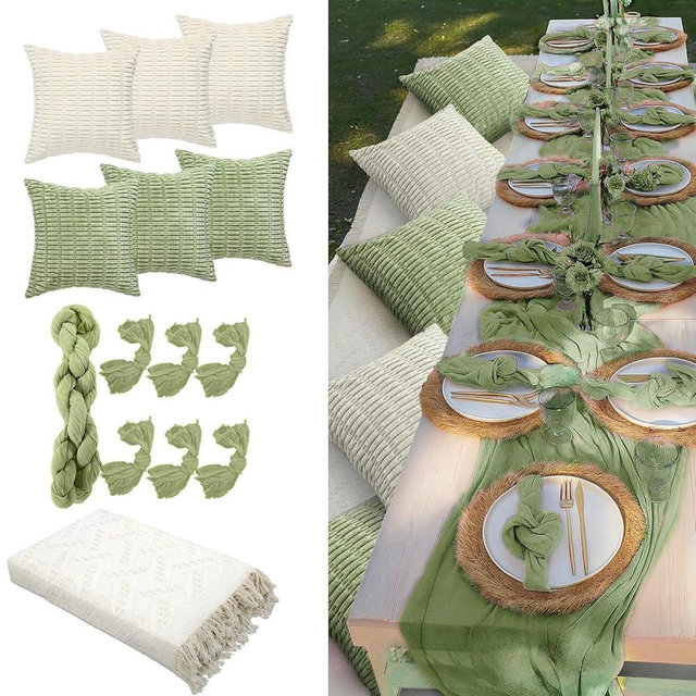 Beeveer 91 x 71 Extra Large Outdoor Boho Picnic Blanket with Sage Green Table Runner, 6 Throw Pillow Covers 6 Napkins Woven Cotton Yarn Oversize Beach Blanket Washable Picnic Camp Wedding