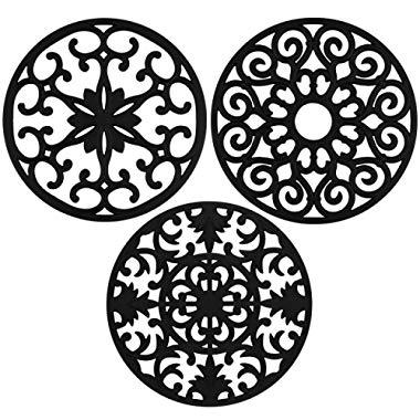 gasaré, Extra Large, Extra Thick, Silicone Trivets, Trivet Mat, Heat Resistant, Non-Slip, Dishwasher Safe, Round Design, for Hot Dishes and Kitchen Countertops, 10 x 3/8 inches, Set of 3, Black