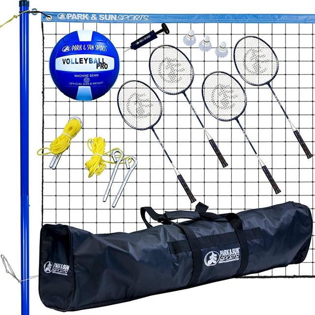 Park & Sun Sports Volley Sport Combo Set: Portable Outdoor Badminton/Volleyball Net System, Blue