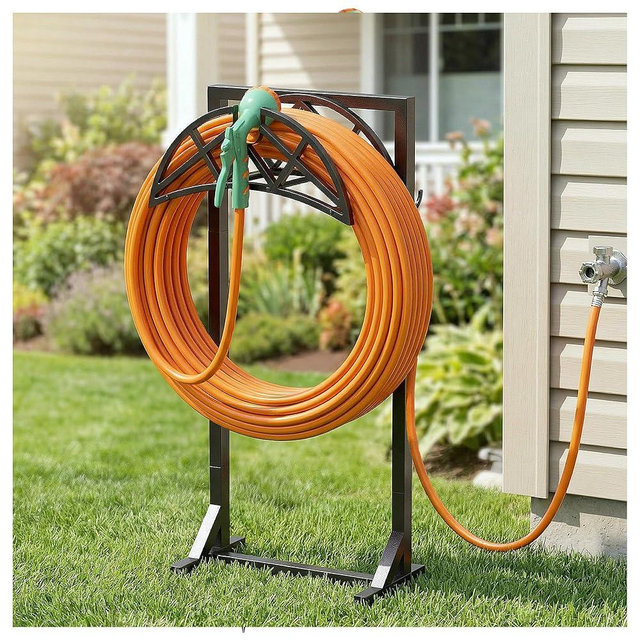 YFFSRJDJ Garden Hose Holder, Heavy-Duty Metal Stand with Stable Base & 2 Tool Hooks, Freestanding Storage Rack for Outside, Holds 150ft – Hose Holders for Yard & Lawn