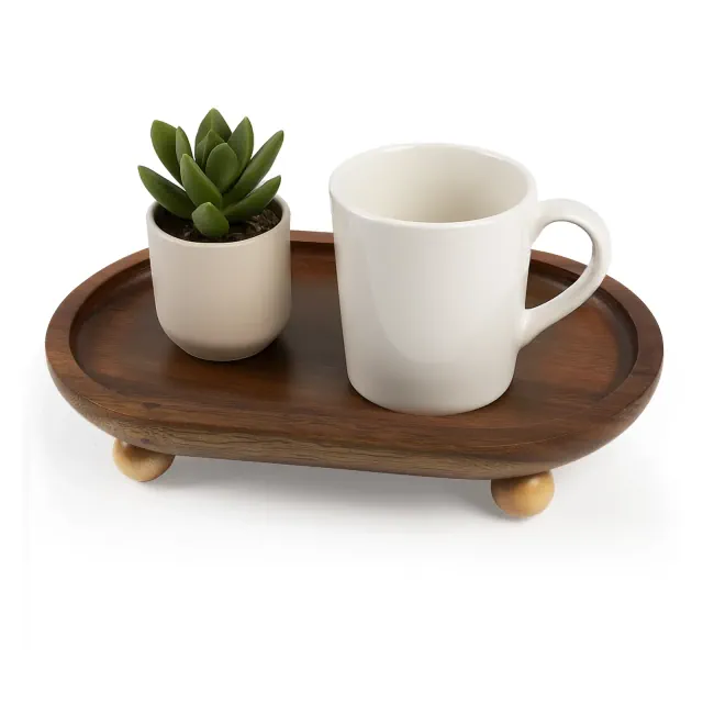 Garnen Kitchen Décor Wooden Tray Acacia Wood Tray for Coffee Table Bathroom Vanity Counter, Oval Pedestal Stand Wood Riser Tray Candle Jewelry Holder
