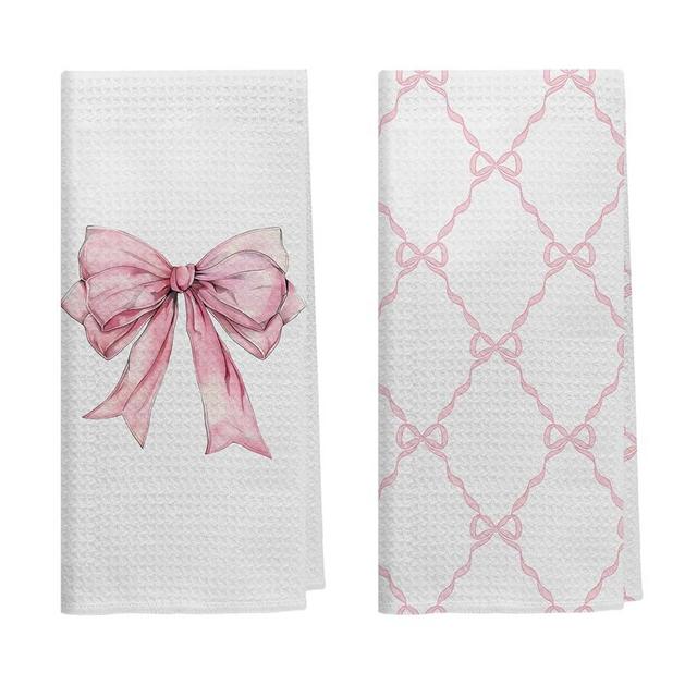 Kemingni Pink Coquette Bow Kitchen Towels Set of 2, Preppy Pink Bow Hand Towels for Bathroom, Coquette Bow Bathroom Decor, Preppy Bathroom Decor, Pink Bow Ribbon Dish Towels Tea Towels, 16x24 Inches