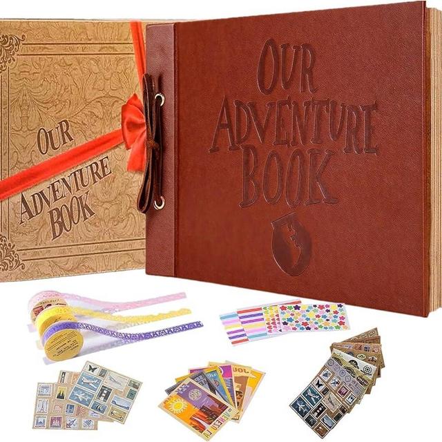 Adventure Book Handcrafted 11.92 x 7.62" Leather-Bound Scrapbook with 80 Pages, Embossed Lettering, Inspired by 'Up', Ideal for Photos, Weddings&Travel Memories Gift Box Included (Leather Scrapbook)