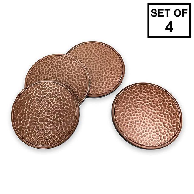 Hammered Copper Drink Coasters Set of 4 - Beverage Coaster Set with Felt Protective Pads