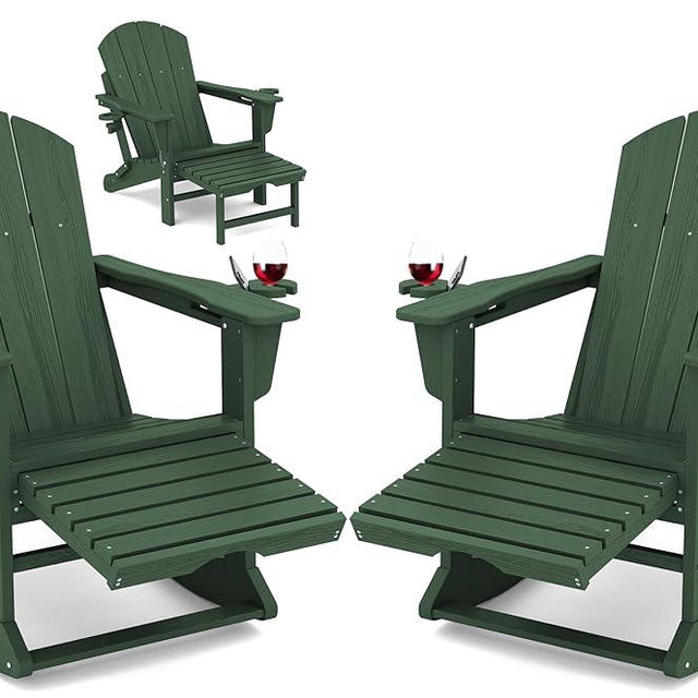 KINGYES Folding Adirondack Rocking Chair Set of 2, Rocking Adirondack Chair with Ottoman(Removable Rocking Base), HDPE All Weather Resistance Adirondack Chair with Cup Holder, Green