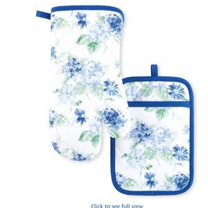 Martha Stewart Amber Floral Oven Mitt & Pot Holder Set 2-Pack, Blue/Green, OM: 7"x13" & PH: 7"x10"